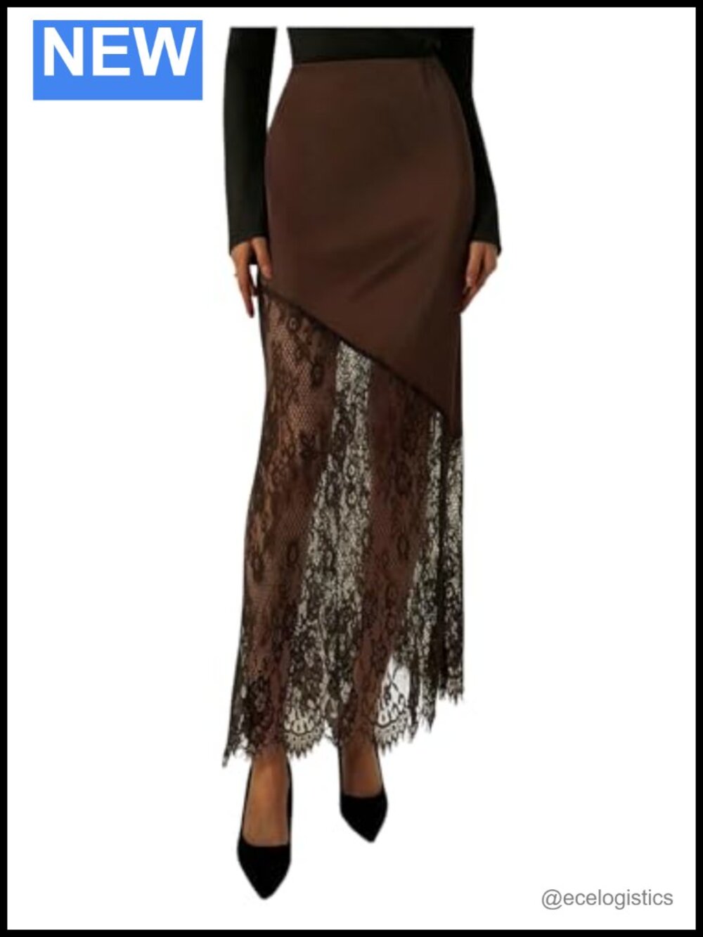 Satin Lace High Waisted Patchwork A-Line Maxi Skirt, Flirty Lace Hem